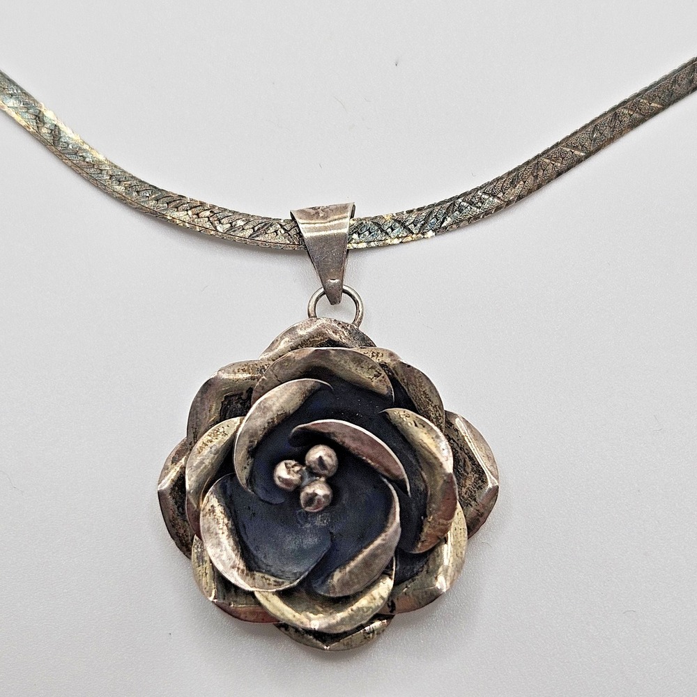 Sterling Silver Mexico Taxco Blooming Flower Pendant Necklace Artist Stamp 20"